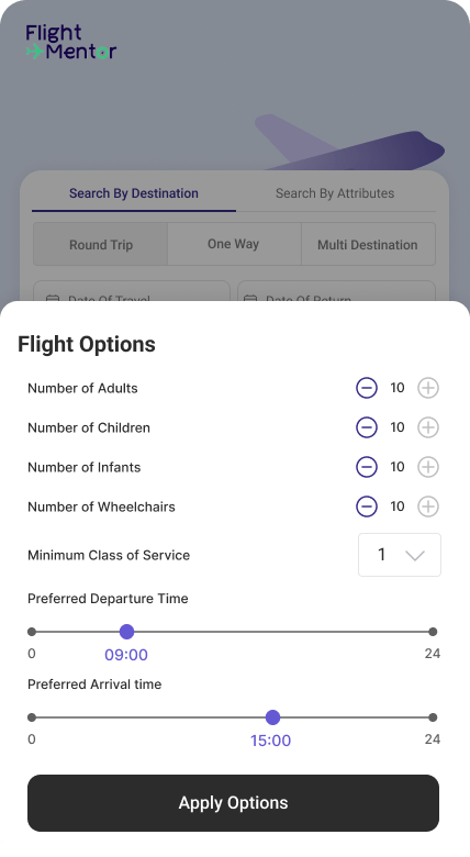 Flight Mentor options frame for booking technology