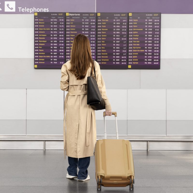 A woman with luggage looks at the information board at the airport