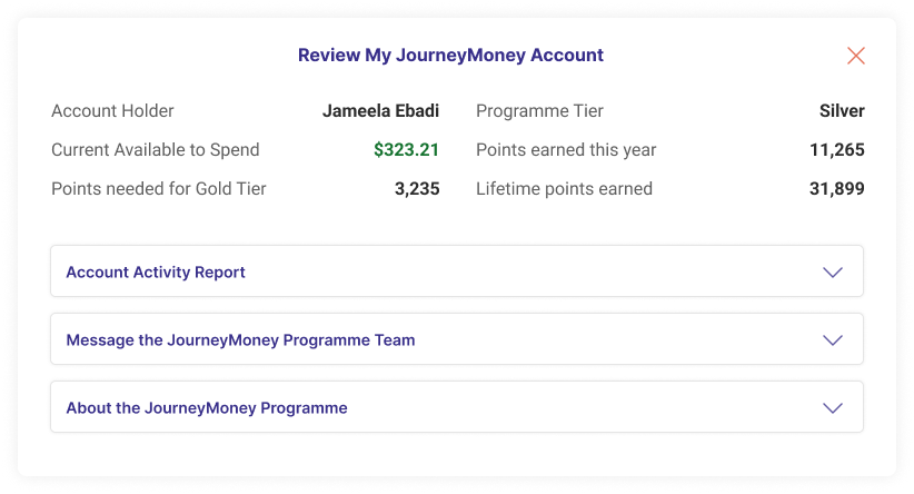 Journey Money travel loyalty programs account interface