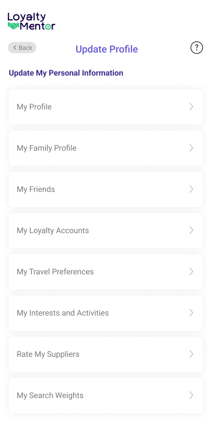 Loyalty Mentor mobile interface with personal information
