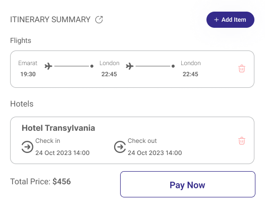 itinerary summary for booking technology