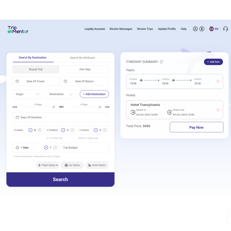 Journey mentor travel technology interface with dynamic availability