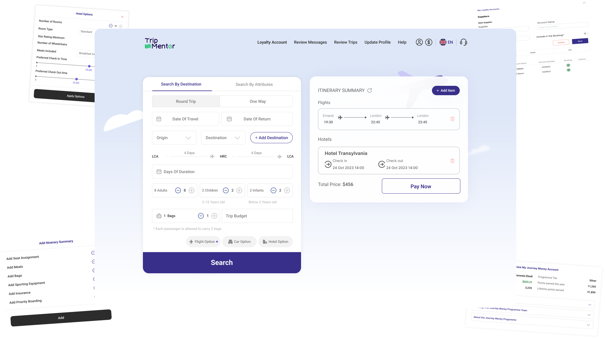 Journey mentor travel technology interface with dynamic availability